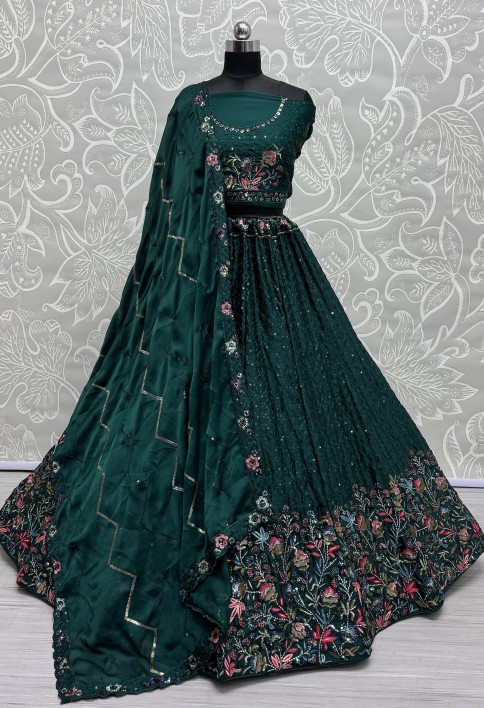 Beautiful Flower Pattern Green Embroidery and Thread work design Partywear Lehengacholi 
